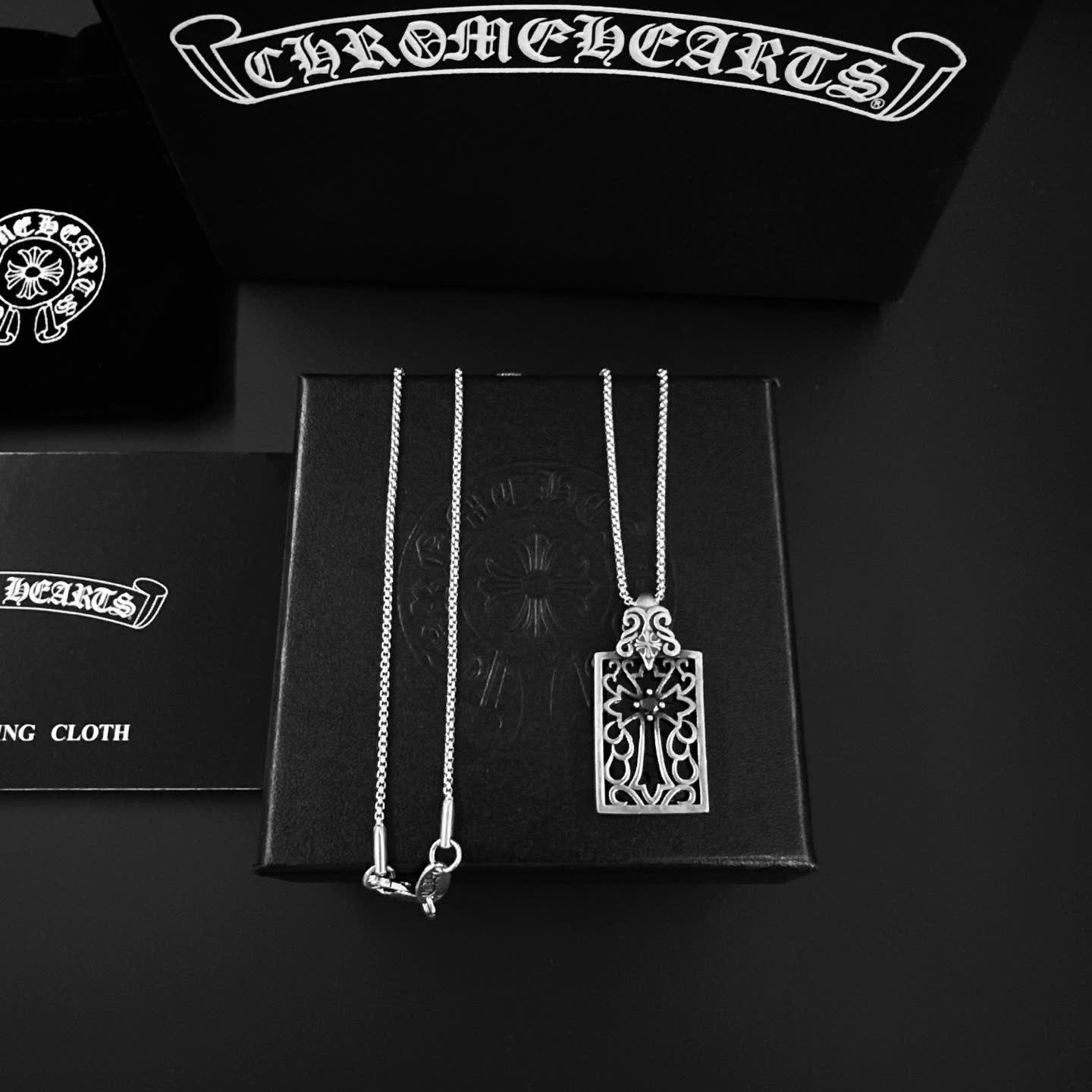 Chrome Hearts Silver Filigree Rectangle Pendant Necklace